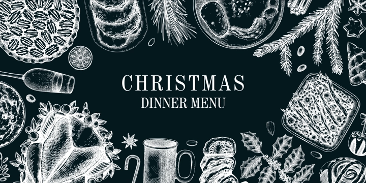 Christmas food background. Family dinner. Winter holiday menu. Traditional food design elements. Food and drink sketches set. Hand drawn vector illustration. Vintage banner template